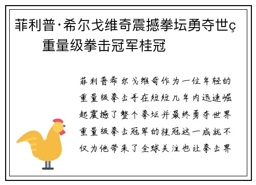 菲利普·希尔戈维奇震撼拳坛勇夺世界重量级拳击冠军桂冠 菲利普·希尔戈维奇震撼拳坛勇夺世界重量级拳击冠军桂冠