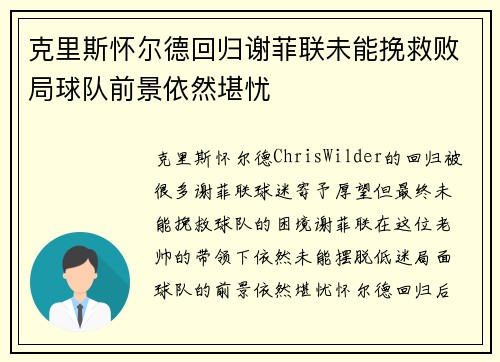 克里斯怀尔德回归谢菲联未能挽救败局球队前景依然堪忧