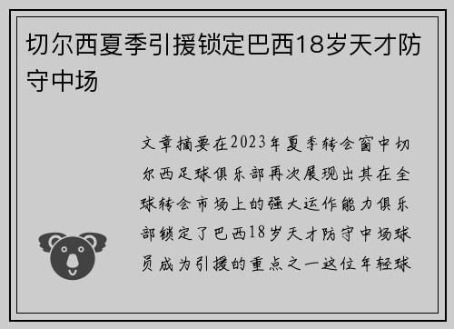 切尔西夏季引援锁定巴西18岁天才防守中场